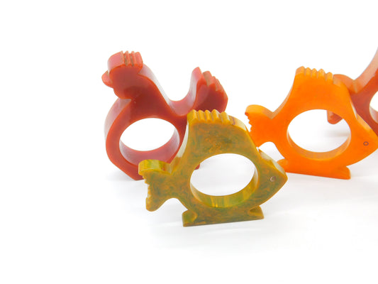 Collection of Mid-Century Early Plastic Fish, Bird & Chicken Napkin Rings c1950s