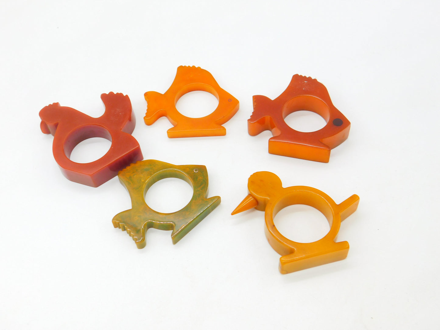 Collection of Mid-Century Early Plastic Fish, Bird & Chicken Napkin Rings c1950s