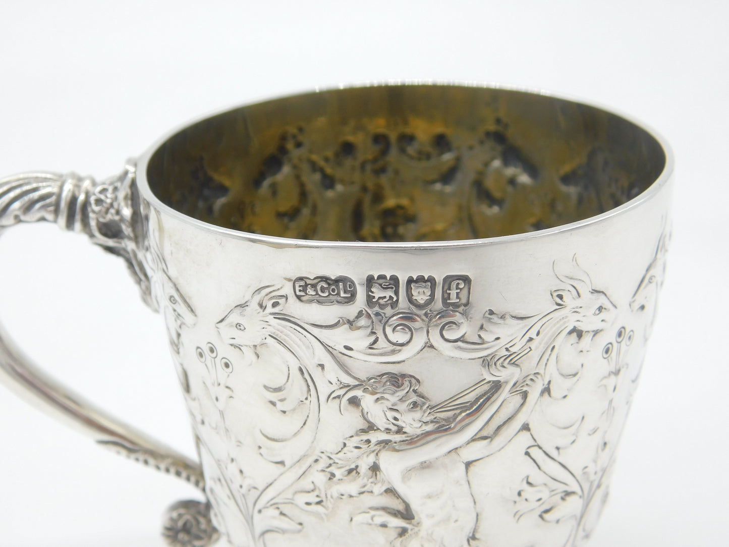 Victorian Elkington & Co. Sterling Silver Dragon & Cherub Christening Mug 1901