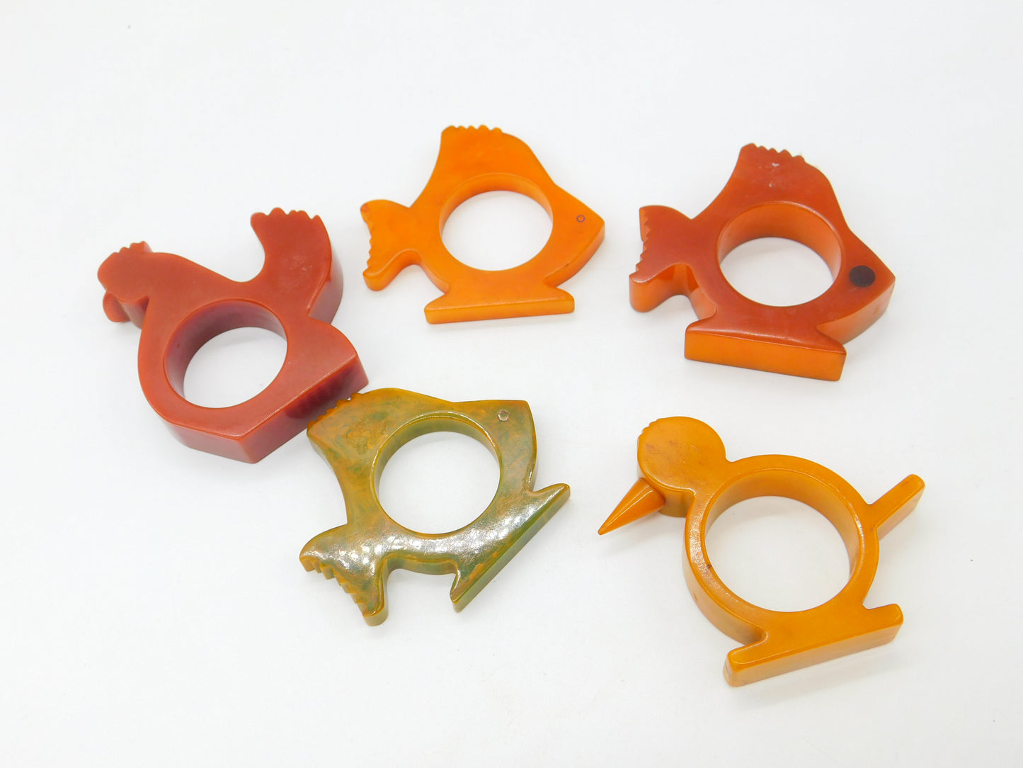 Collection of Mid-Century Early Plastic Fish, Bird & Chicken Napkin Rings c1950s