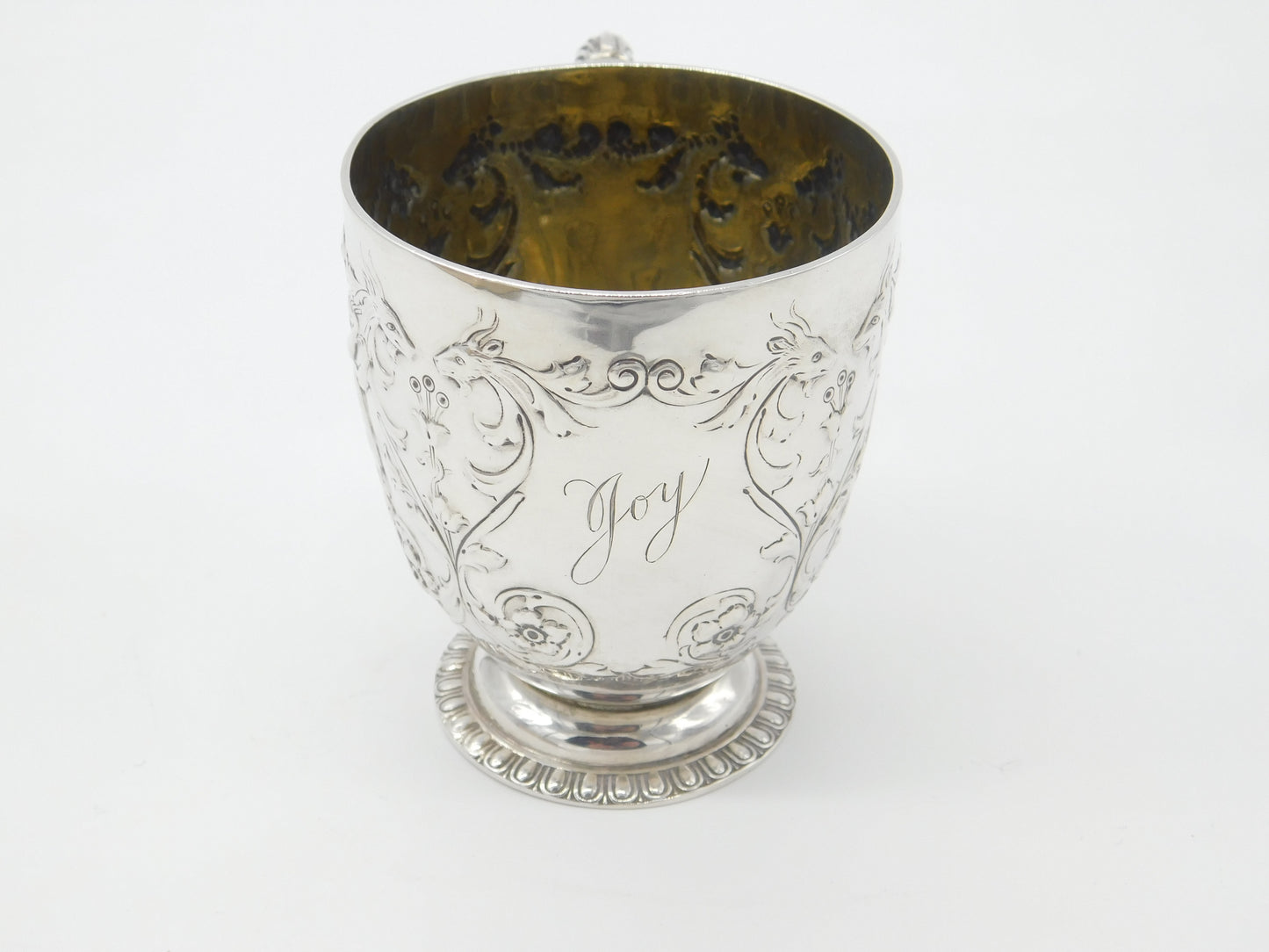 Victorian Elkington & Co. Sterling Silver Dragon & Cherub Christening Mug 1901