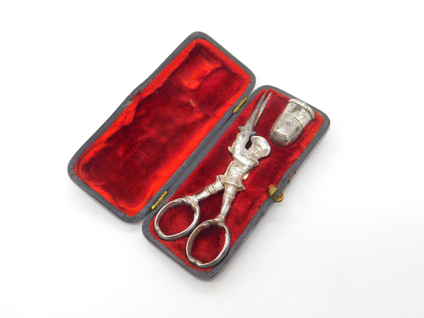 Boxed Victorian Pair of Novelty Sewing Scissors & Thimble c1860 Antique