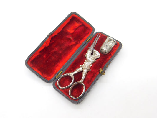 Boxed Victorian Pair of Novelty Sewing Scissors & Thimble c1860 Antique