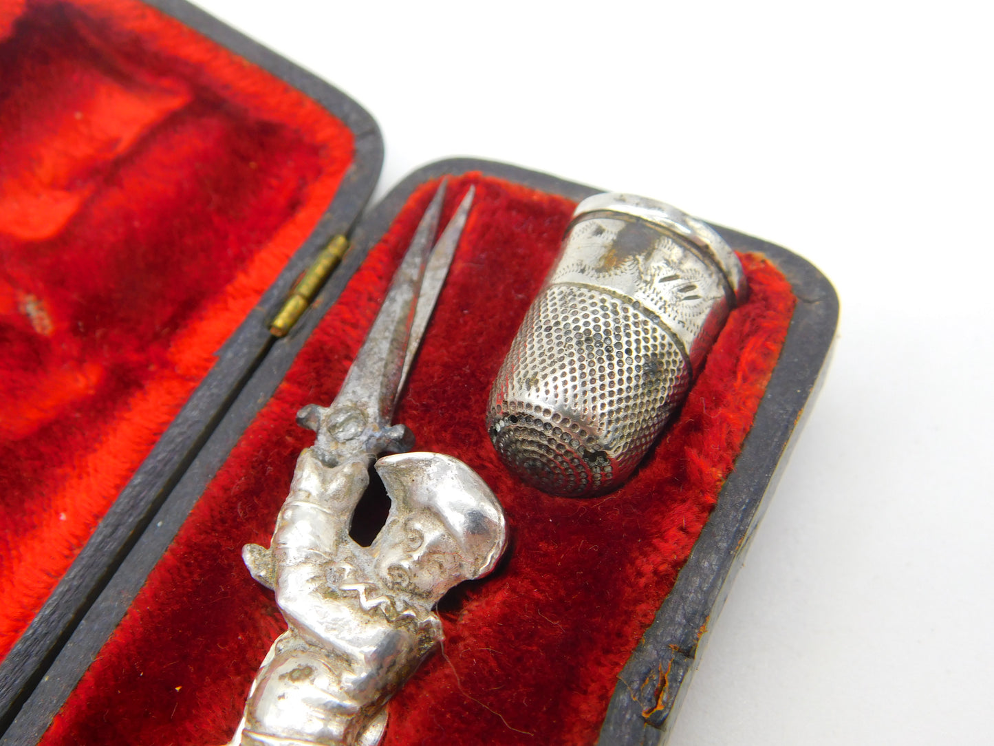 Boxed Victorian Pair of Novelty Sewing Scissors & Thimble c1860 Antique