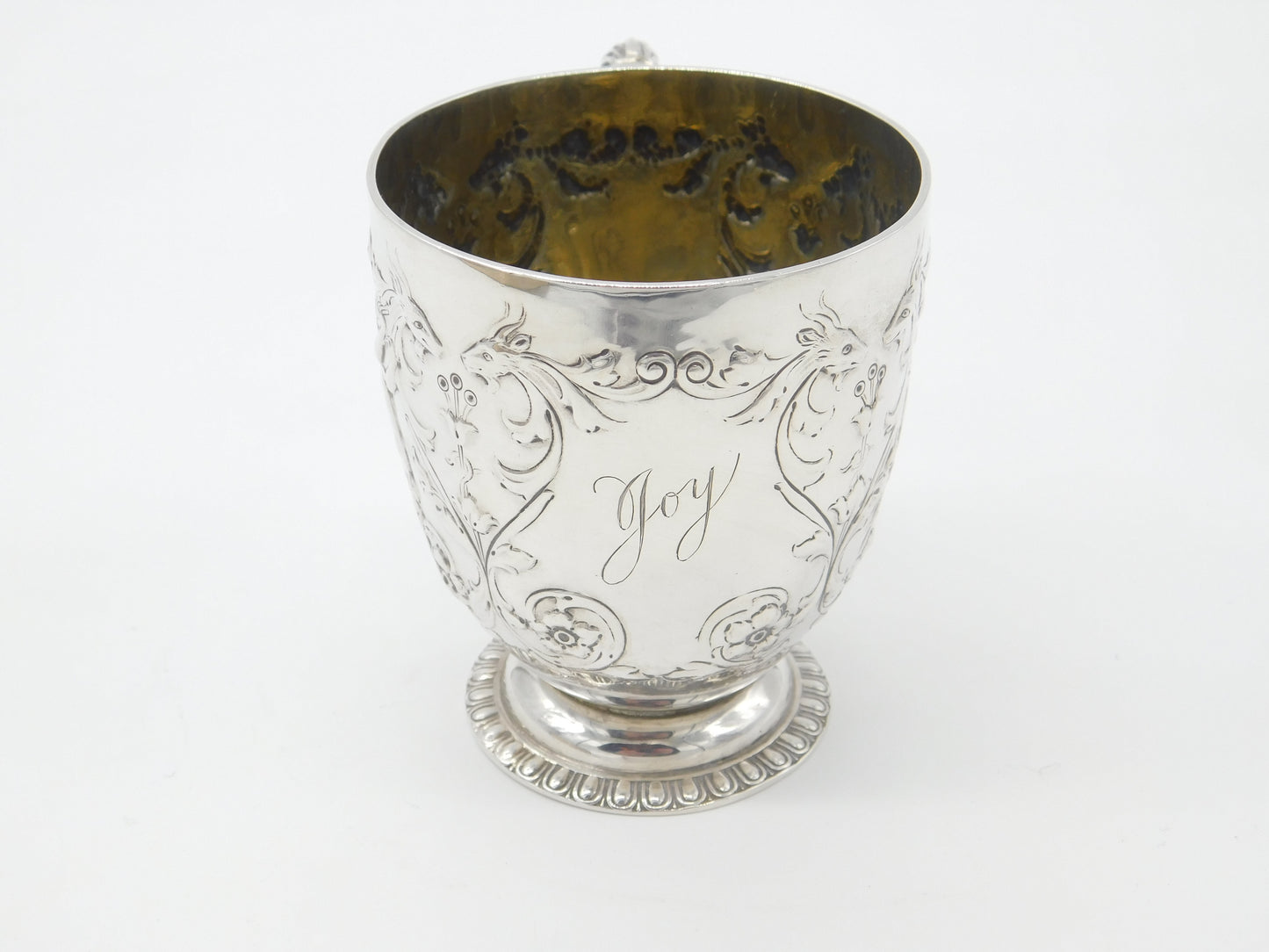 Victorian Elkington & Co. Sterling Silver Dragon & Cherub Christening Mug 1901