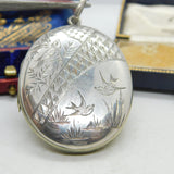 Swallow Birds Aesthetic Sterling Silver Double Locket Pendant Antique Victorian c1880