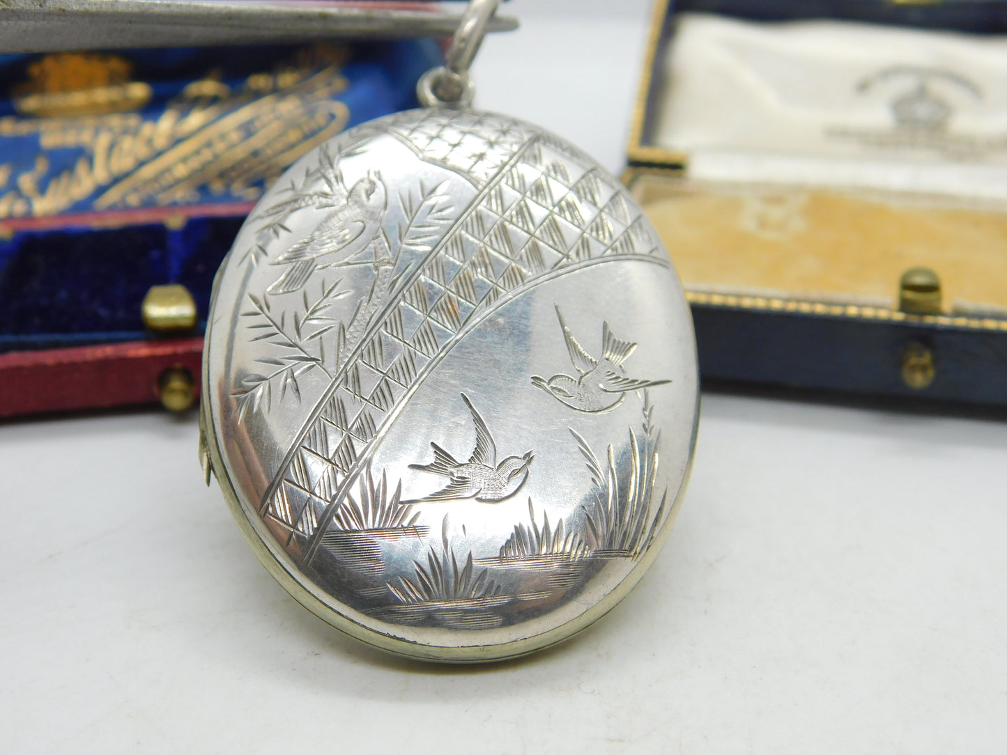 Swallow Birds Aesthetic Sterling Silver Double Locket Pendant Antique Victorian c1880