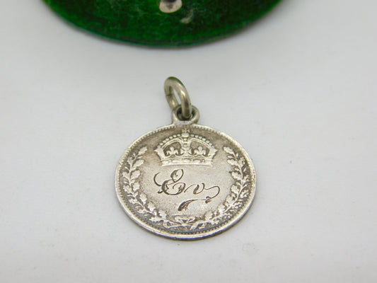 Victorian Sterling Silver Threepence Love Token Charm 'Erv' Antique c1890