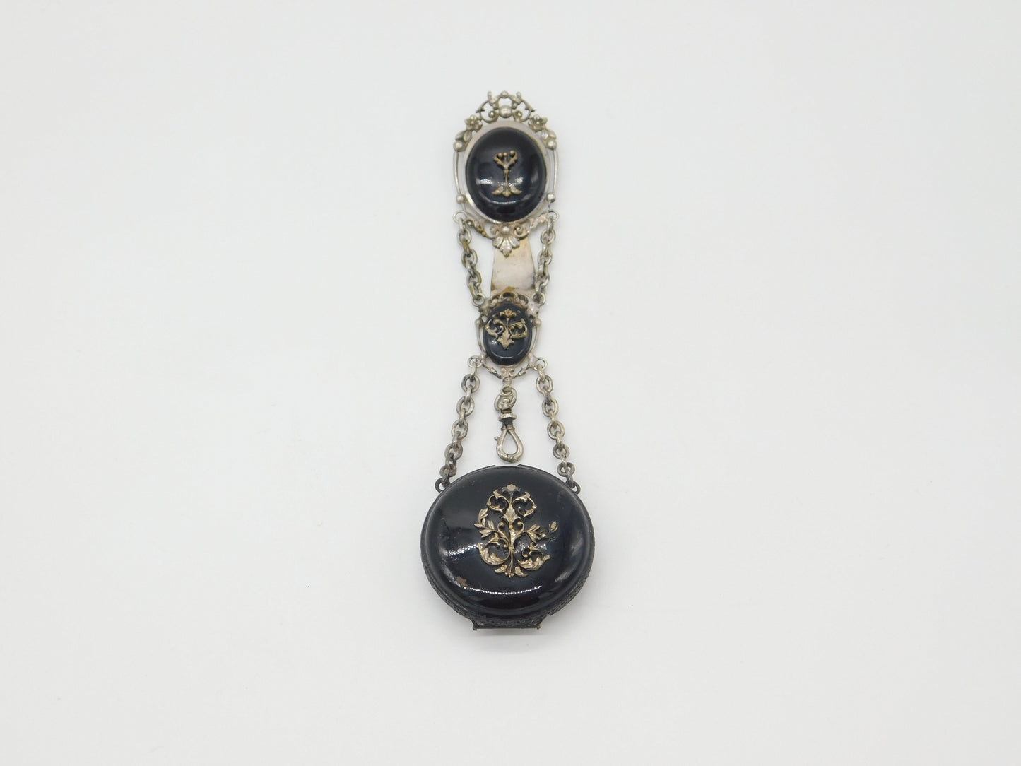 French Silver Plated & Black Enamel Ladies Watch Clip Chatelaine c1860 Victorian