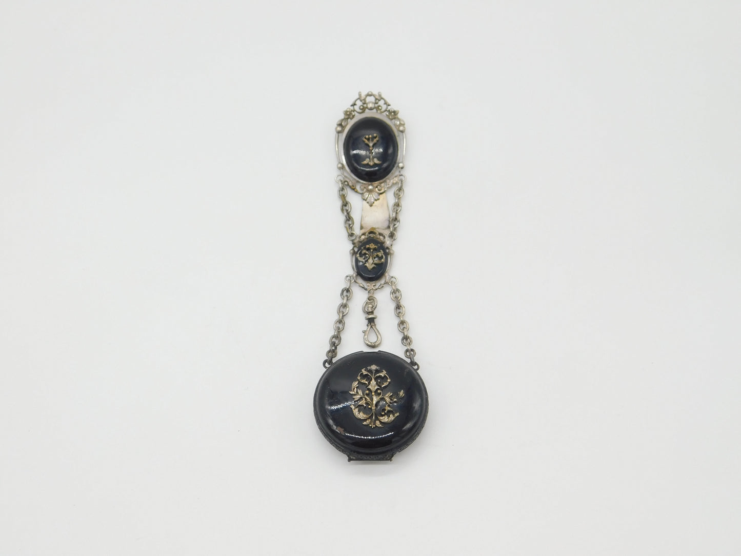 French Silver Plated & Black Enamel Ladies Watch Clip Chatelaine c1860 Victorian