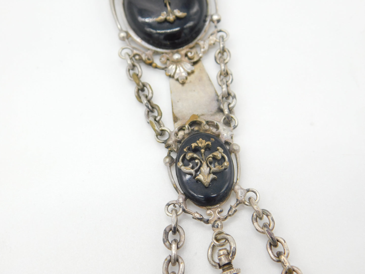 French Silver Plated & Black Enamel Ladies Watch Clip Chatelaine c1860 Victorian