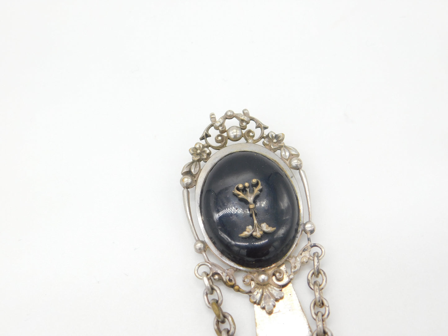 French Silver Plated & Black Enamel Ladies Watch Clip Chatelaine c1860 Victorian