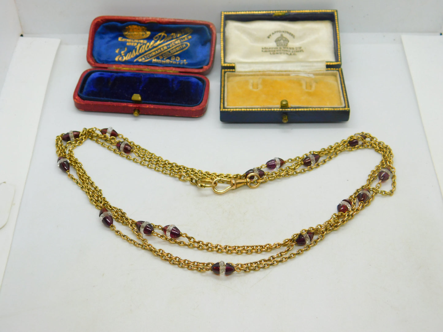 Garnet Rock Crystal 14ct Yellow Gold Long Guard Chain Necklace 160 cm Antique