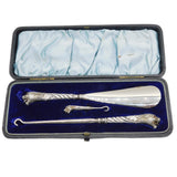 Victorian Boxed Sterling Silver & Steel Leopard Button Hook, Shoe Horn Set 1898 Birmingham