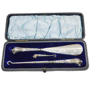 Victorian Boxed Sterling Silver & Steel Leopard Button Hook, Shoe Horn Set 1898 Birmingham