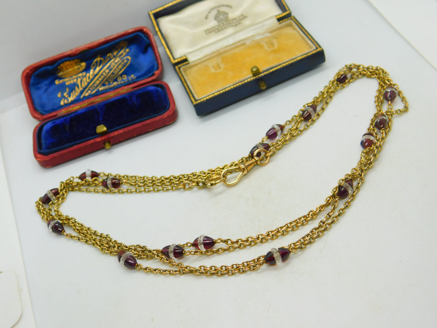 Garnet Rock Crystal 14ct Yellow Gold Long Guard Chain Necklace 160 cm Antique