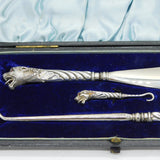 Victorian Boxed Sterling Silver & Steel Leopard Button Hook, Shoe Horn Set 1898 Birmingham