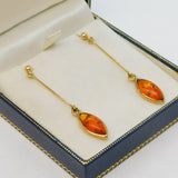 Boxed Pair of 9ct Yellow Gold & Baltic Amber Drop Stud Earrings Vintage