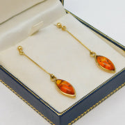 Boxed Pair of 9ct Yellow Gold & Baltic Amber Drop Stud Earrings Vintage