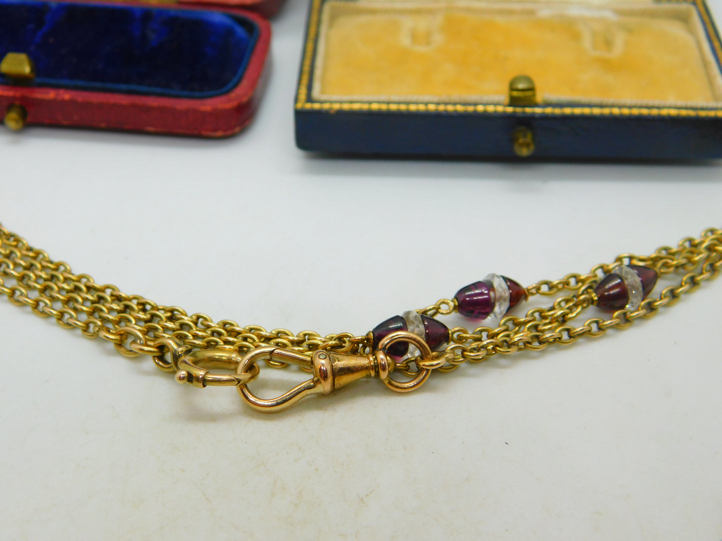 Garnet Rock Crystal 14ct Yellow Gold Long Guard Chain Necklace 160 cm Antique