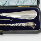 Victorian Boxed Sterling Silver & Steel Leopard Button Hook, Shoe Horn Set 1898 Birmingham
