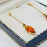 Boxed Pair of 9ct Yellow Gold & Baltic Amber Drop Stud Earrings Vintage