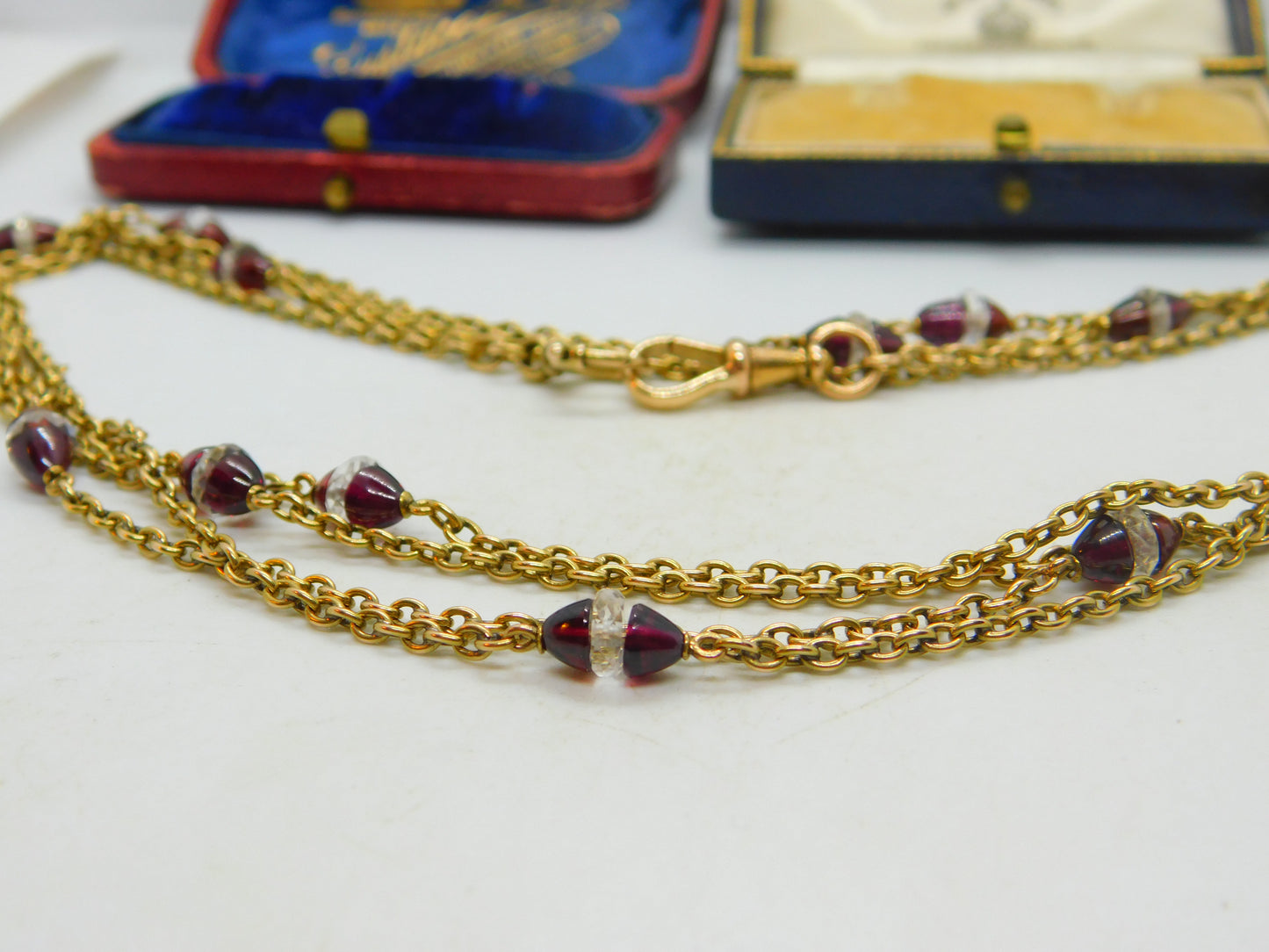 Garnet Rock Crystal 14ct Yellow Gold Long Guard Chain Necklace 160 cm Antique