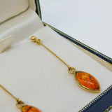 Boxed Pair of 9ct Yellow Gold & Baltic Amber Drop Stud Earrings Vintage