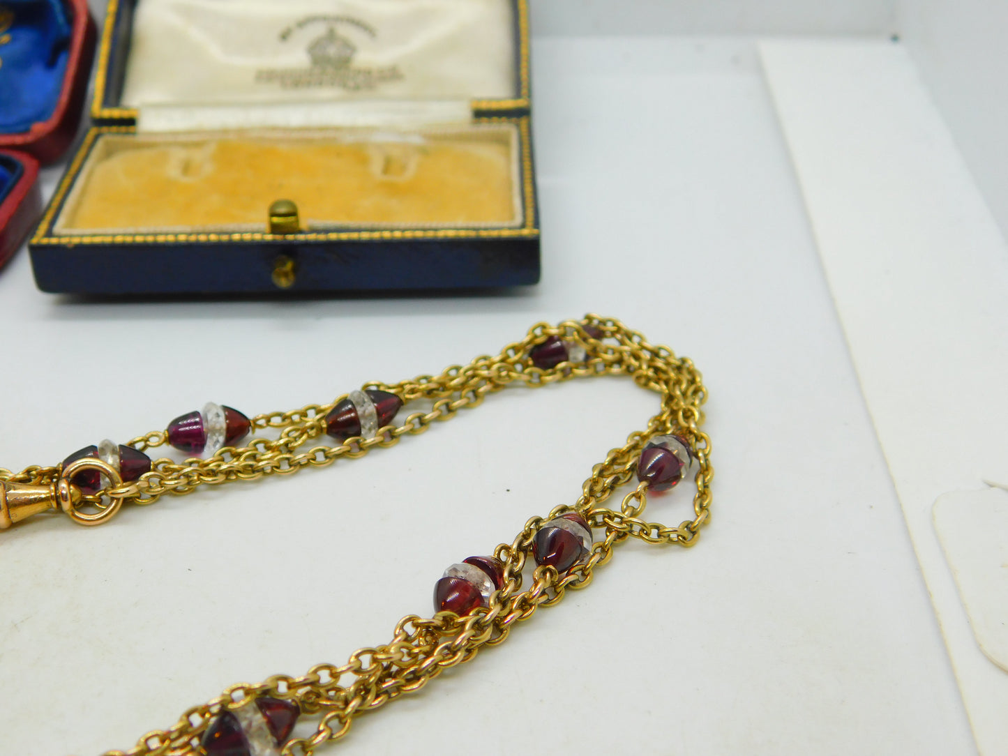 Garnet Rock Crystal 14ct Yellow Gold Long Guard Chain Necklace 160 cm Antique