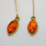 Boxed Pair of 9ct Yellow Gold & Baltic Amber Drop Stud Earrings Vintage