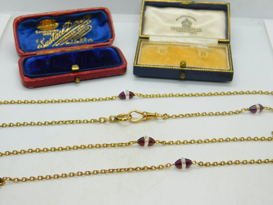 Garnet Rock Crystal 14ct Yellow Gold Long Guard Chain Necklace 160 cm Antique