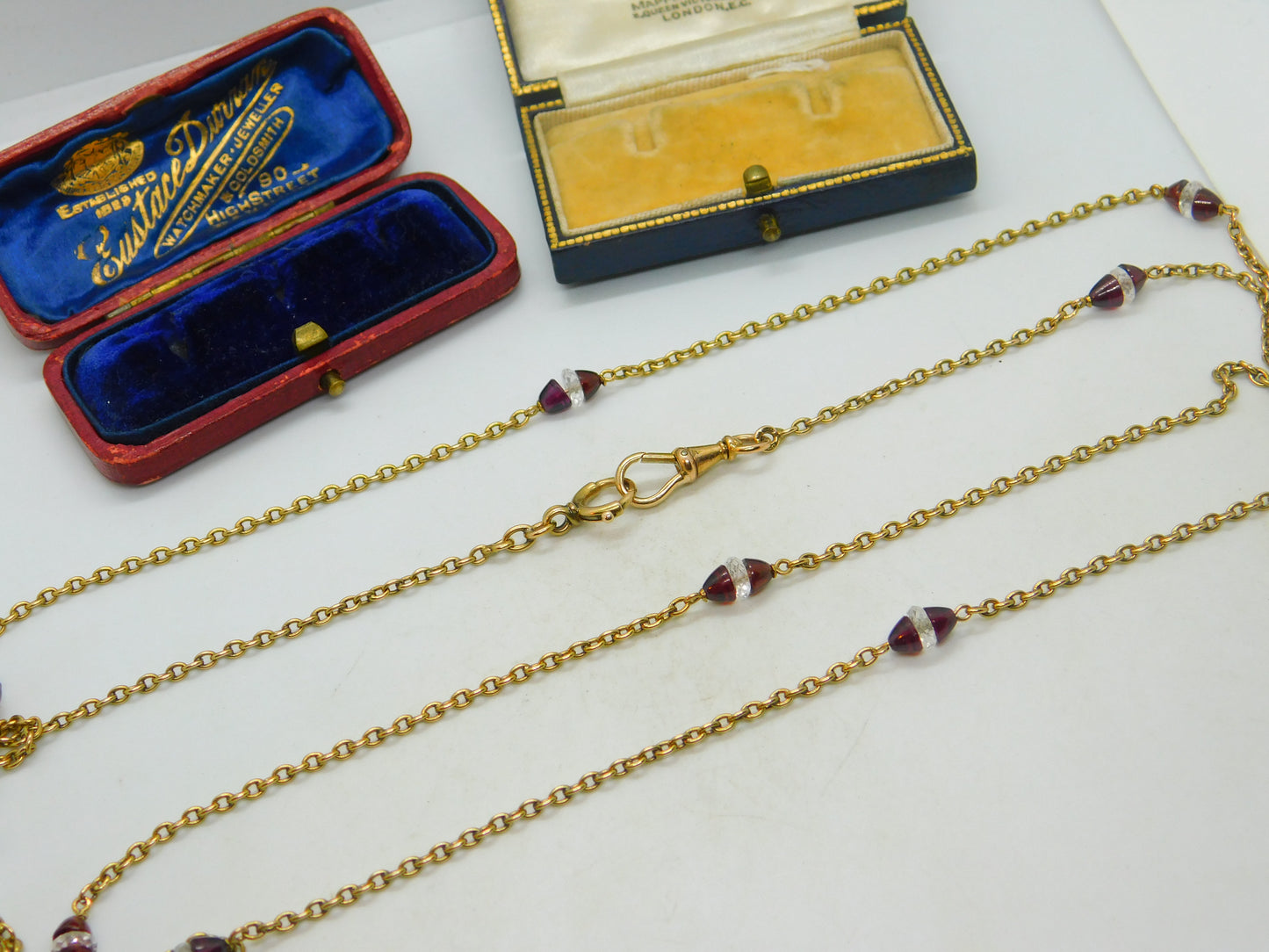 Garnet Rock Crystal 14ct Yellow Gold Long Guard Chain Necklace 160 cm Antique