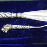 Victorian Boxed Sterling Silver & Steel Leopard Button Hook, Shoe Horn Set 1898 Birmingham