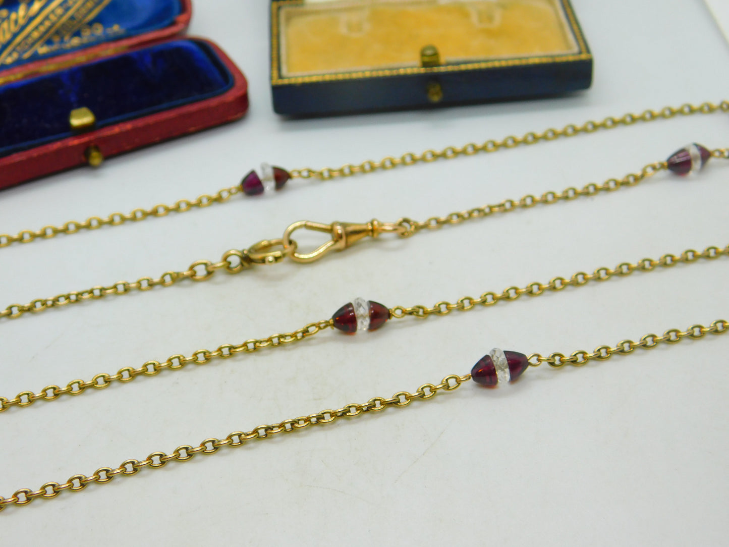 Garnet Rock Crystal 14ct Yellow Gold Long Guard Chain Necklace 160 cm Antique