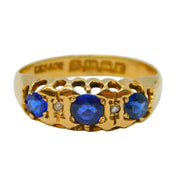 Victorian 18ct Gold, Sapphire & Diamond Boat Ring Antique 1891 Birmingham