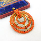 Victorian Yellow Metal & Red Coral Beaded Dress Brooch Pin c1850 Antique