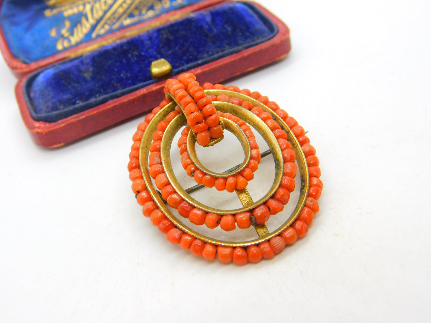 Victorian Yellow Metal & Red Coral Beaded Dress Brooch Pin c1850 Antique