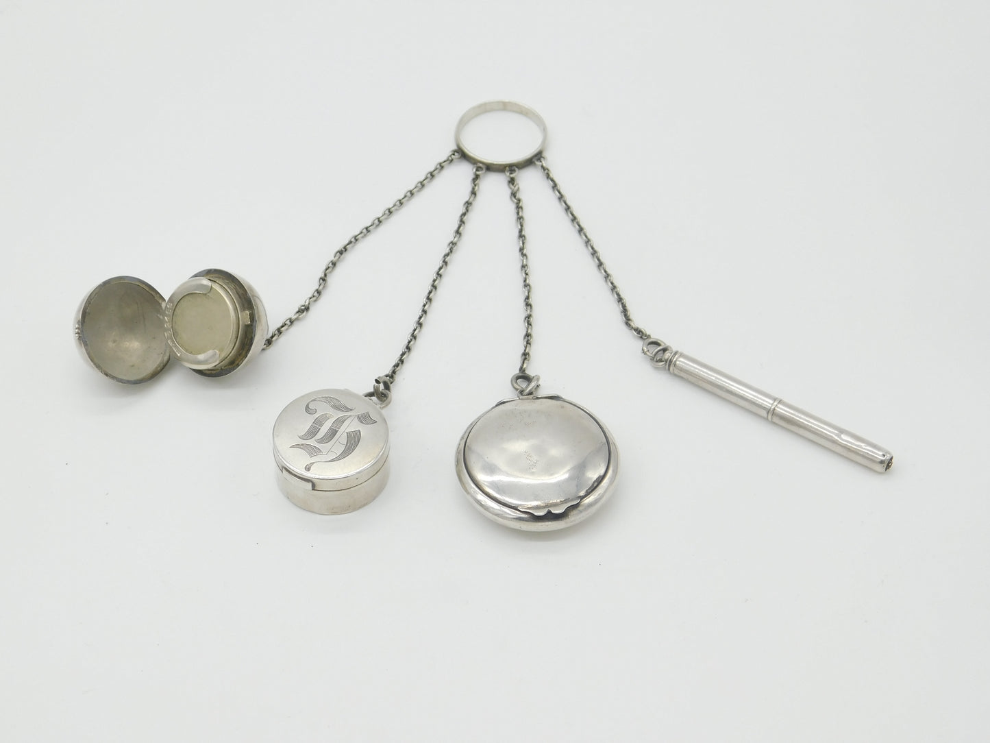 Sterling Silver Chatelaine with Sovereign Holder, Compact Etc Antique c1920 Deco