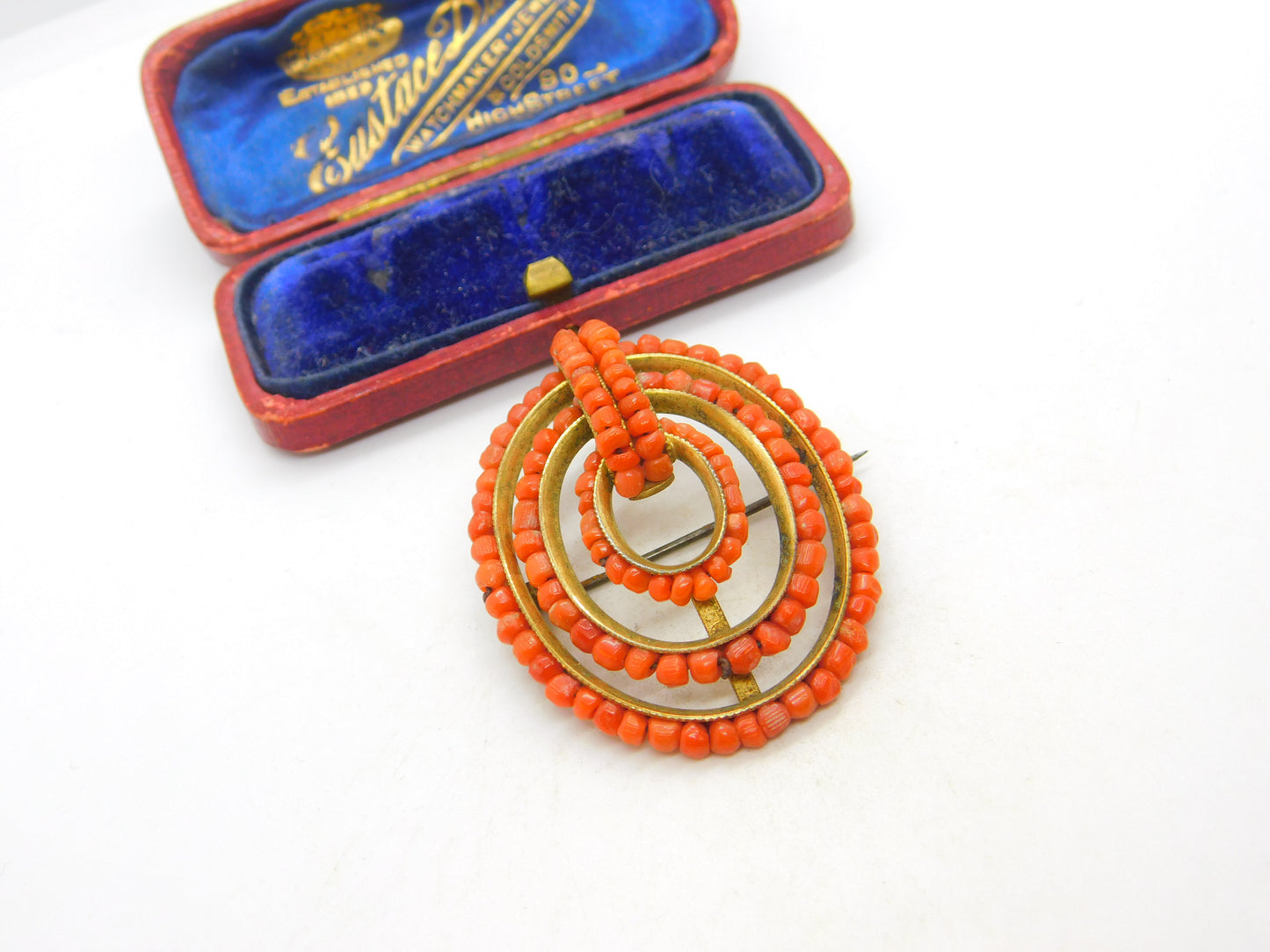 Victorian Yellow Metal & Red Coral Beaded Dress Brooch Pin c1850 Antique