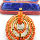 Victorian Yellow Metal & Red Coral Beaded Dress Brooch Pin c1850 Antique