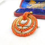 Victorian Yellow Metal & Red Coral Beaded Dress Brooch Pin c1850 Antique