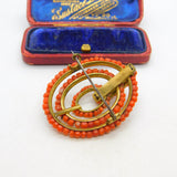 Victorian Yellow Metal & Red Coral Beaded Dress Brooch Pin c1850 Antique