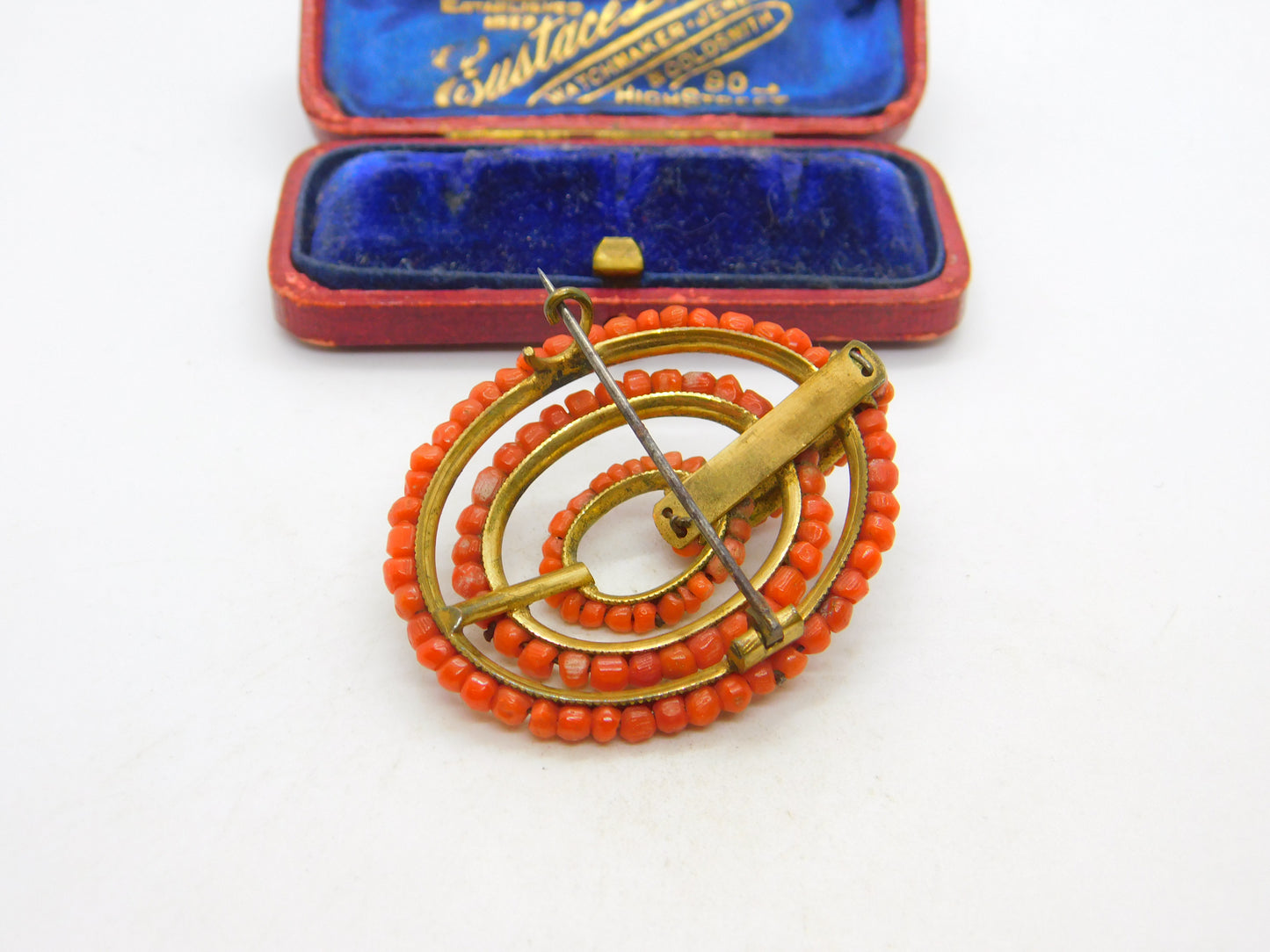 Victorian Yellow Metal & Red Coral Beaded Dress Brooch Pin c1850 Antique