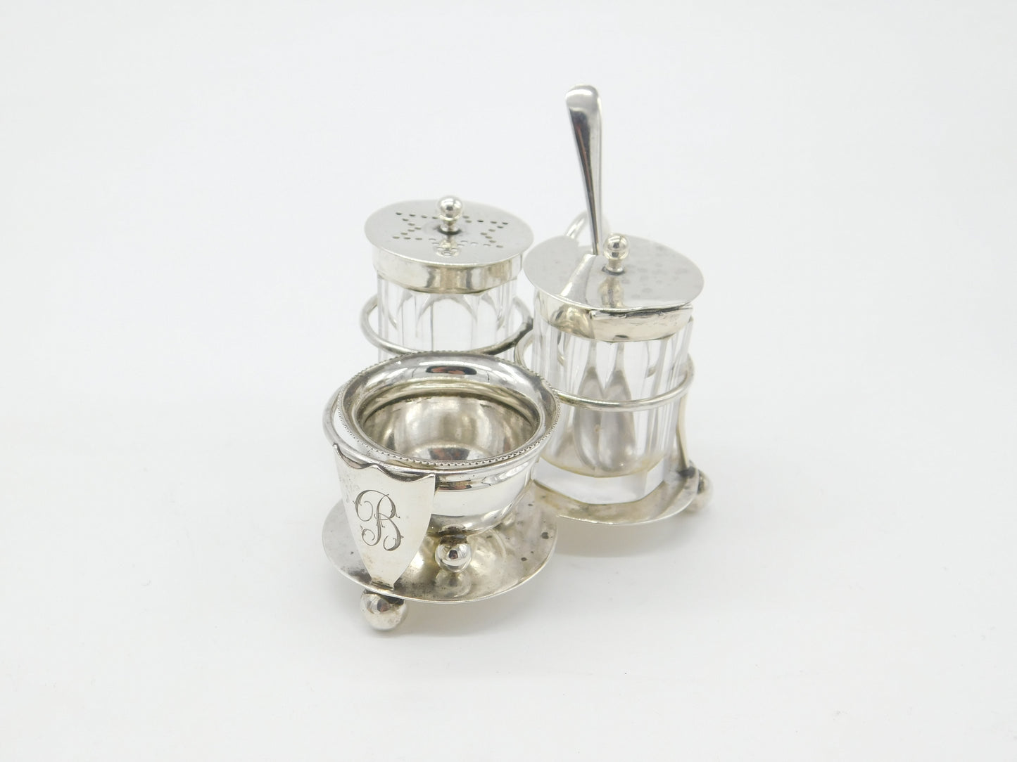 Victorian Sterling Silver 'B' Shield Complete Cruet Set 1899 London Antique