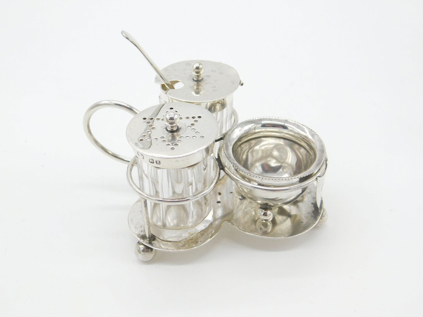 Victorian Sterling Silver 'B' Shield Complete Cruet Set 1899 London Antique