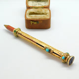 Victorian 15ct Gold Cased, Turquoise Amethyst Spaniel Intaglio Top Pencil c1860