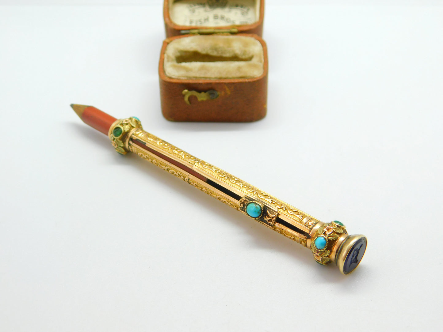 Victorian 15ct Gold Cased, Turquoise Amethyst Spaniel Intaglio Top Pencil c1860