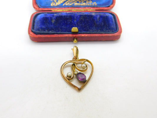 Victorian Rolled Gold, Amethyst & Seed Pearl Sweetheart Drop Pendant c1880