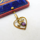 Victorian Rolled Gold, Amethyst & Seed Pearl Sweetheart Drop Pendant c1880