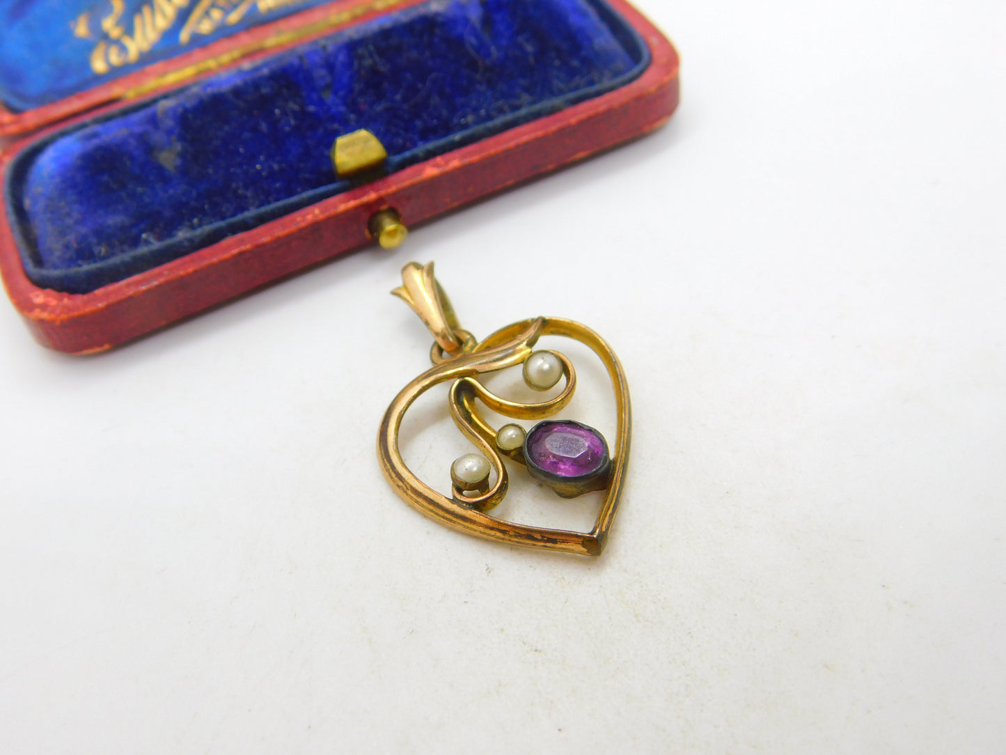 Victorian Rolled Gold, Amethyst & Seed Pearl Sweetheart Drop Pendant c1880